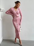Robe en maille col V boutonnage simple longue - Rose / S MAX for ME