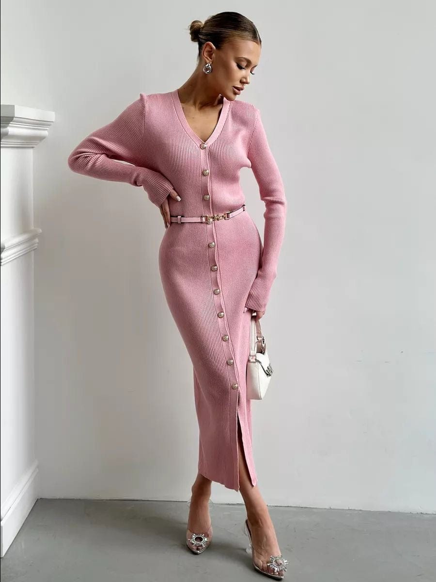 Robe en maille col V boutonnage simple longue - Rose / S MAX for ME