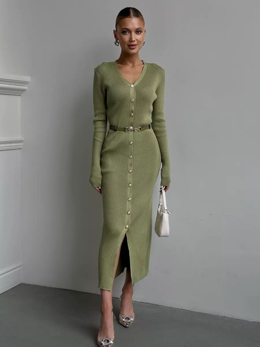 Robe en maille col V boutonnage simple longue - Vert / S MAX for ME