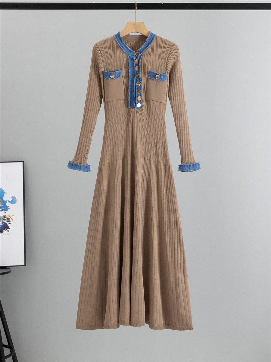 Robe femme bleue maille côtelée - empiècements jean et coupe cintrée élégante MAX for ME