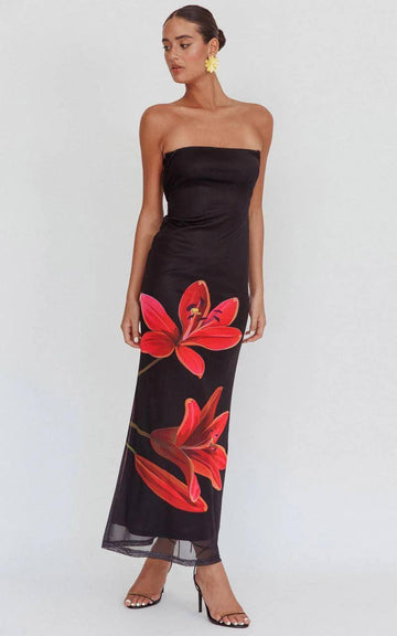 Robe Femme Longue Noire à Fleurs Rouges MAX FOR ME
