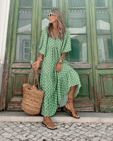 Robe Longue Femme Bohème Verte Imprimée – Coupe Fluide et Décontractée MAX FOR ME