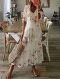 Robe longue fleurie bohème – manches bouffantes et décolleté en V Beige / S MAX FOR ME