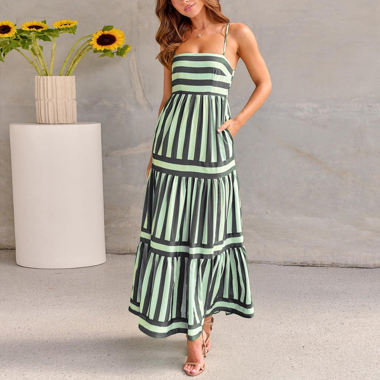 Robe maxi à niveaux rayés Vert Doré / S MAX FOR ME