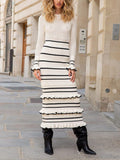 Robe maxi à rayures texturées – manches longues et détails volantés MAX FOR ME
