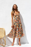 Robe Midi à Bretelles – Imprimé Feuilles Multicolores Orange / S MAX for ME