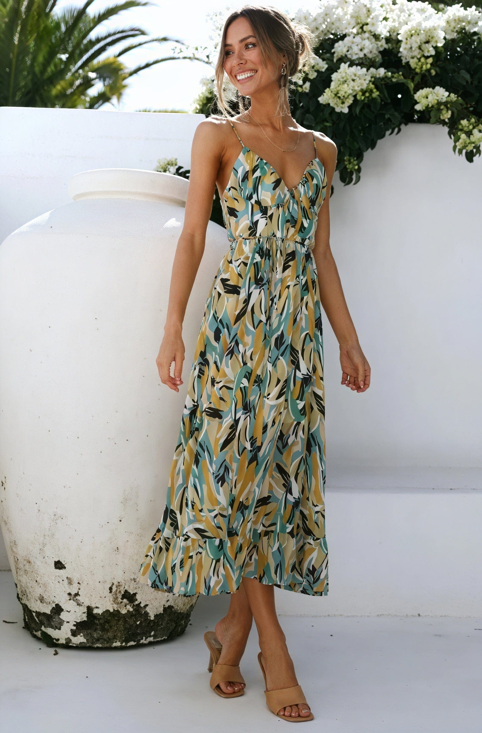 Robe Midi à Bretelles – Imprimé Feuilles Multicolores Vert / S MAX for ME