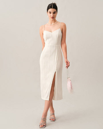 Robe Midi Blanche Élégante à Sangles Perles – Fente Latérale Chic MAX FOR ME