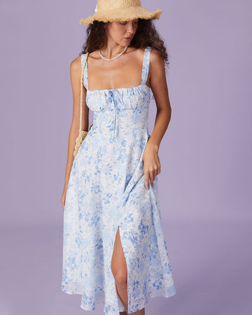 Robe Midi Fleurie Bleu Pastel – Romance d’Été et Silhouette Fluide MAX FOR ME