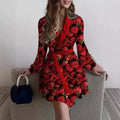 Robe portefeuille femme manches longues ceinture élégance intemporelle MAX FOR ME Rouge fleur / S MAX FOR ME