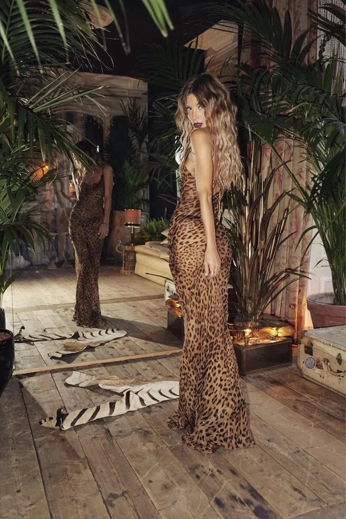 Serena Leopard Long Dress – Sheer Satin and Sensual Train