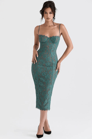 Robe midi Alina Vert en dentelle avec corsage structuré