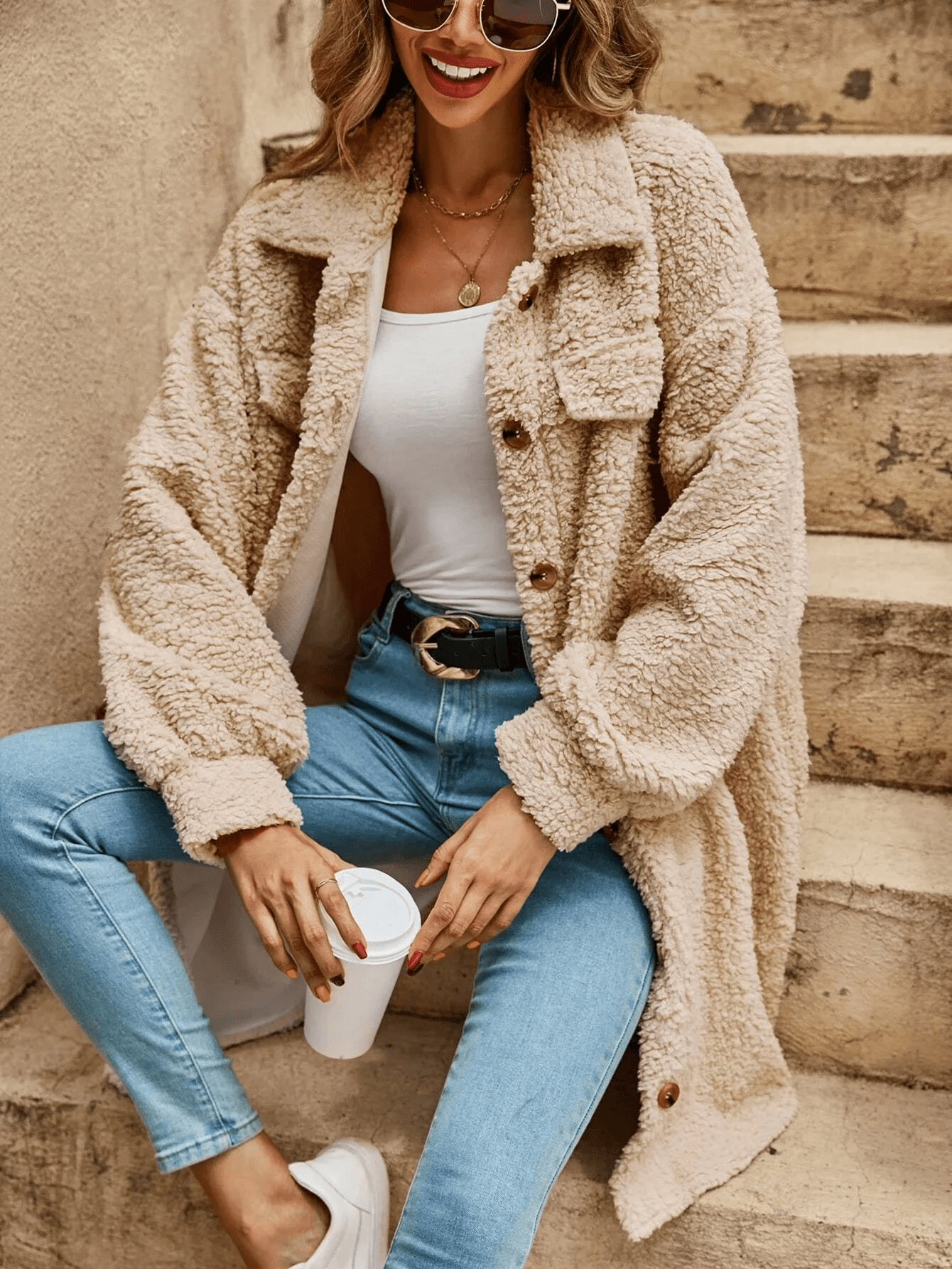 Veste-chemise longue effet mouton - chaleur et style cocooning - MAX FOR ME Beige / S MAX FOR ME