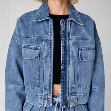 Veste en jean pour femme – Coupe oversize – Longueur courte – Fermeture éclair sur le devant – Poches utilitaires Haut bleu / S MAX FOR ME