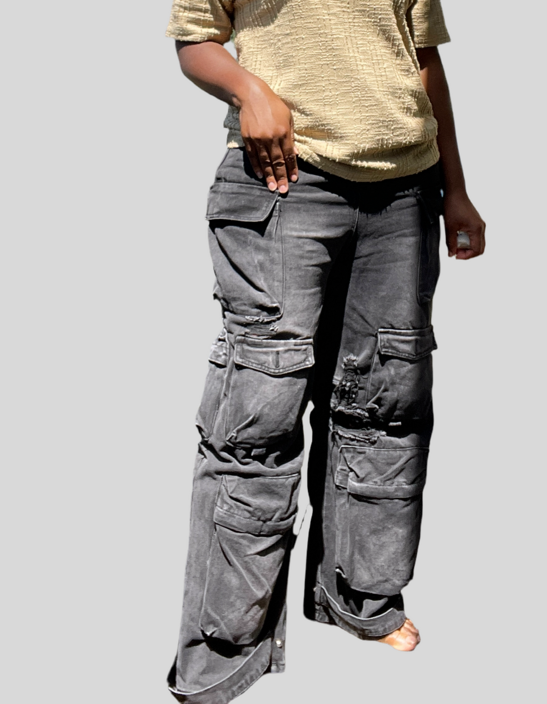 Wide Black Denim Cargo Pants with Utility Pockets