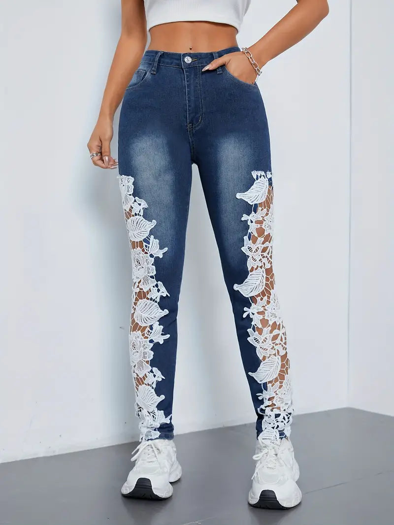 Jean Skinny à Détail de Dentelle Florale