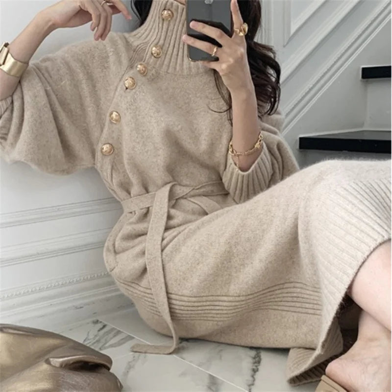 Dresses Turtleneck Sweater with Belt - Autumn Winter Spring