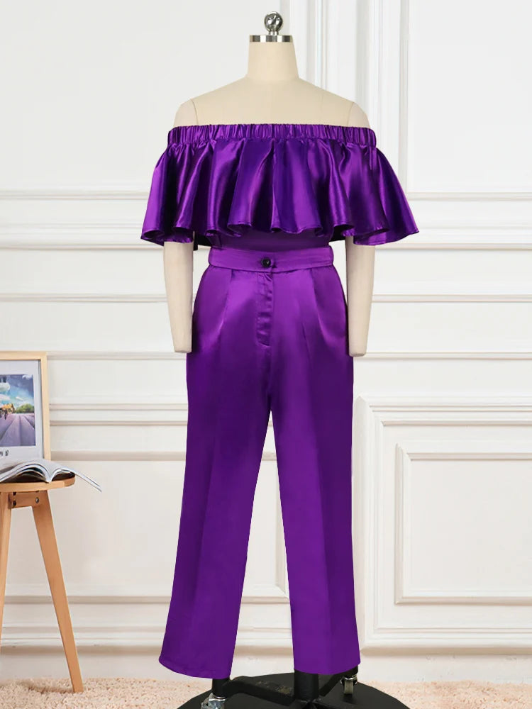 Ensemble deux pièces violet pour femme, haut court à épaules dénudées, pantalon taille haute