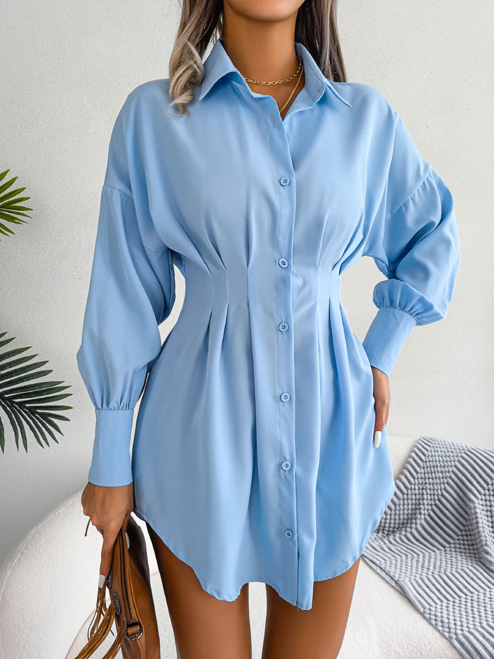 Chemise Robe Cintrée à Manches Bouffantes