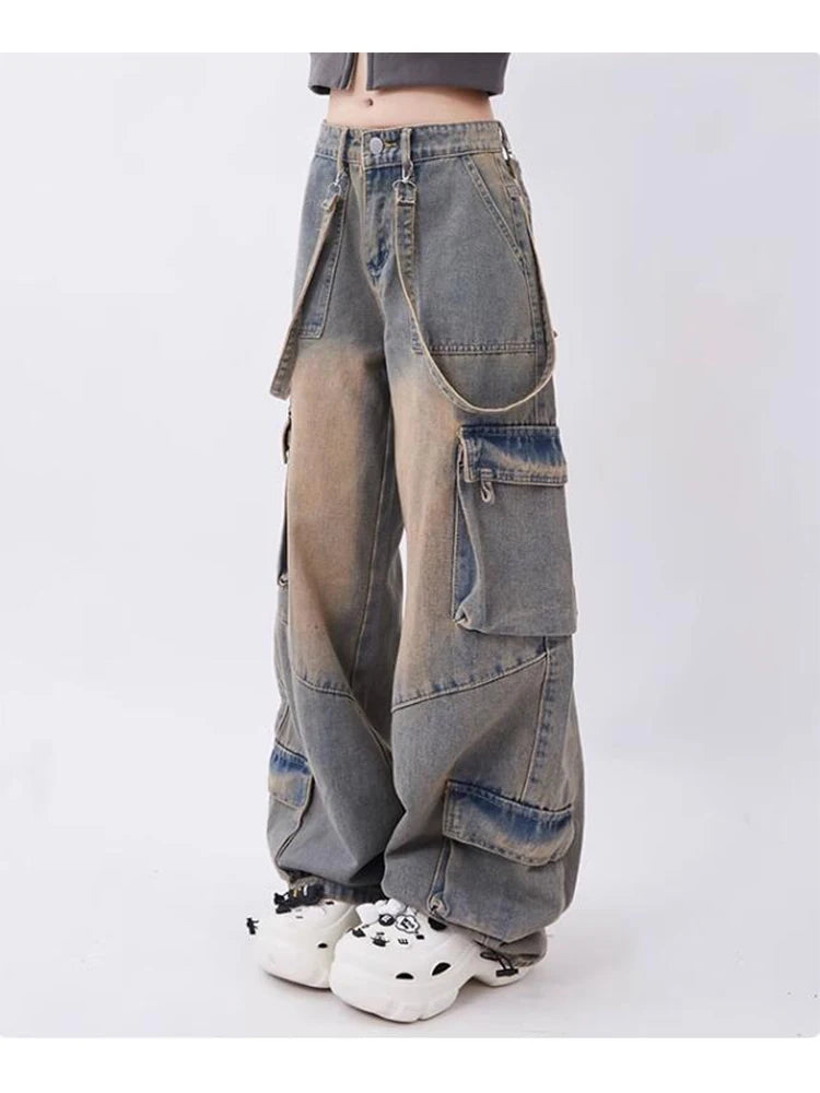 Wide Denim Cargo Pants with Suspenders