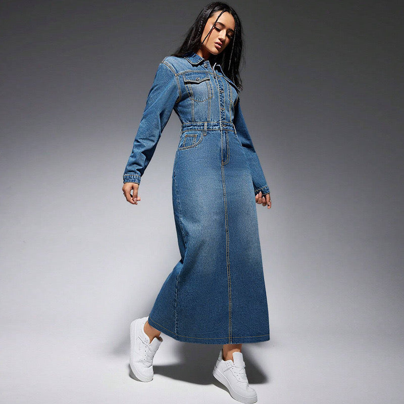 Robe jean longue femme manches longues décontractée - polyvalent jour soir - MAX FOR ME