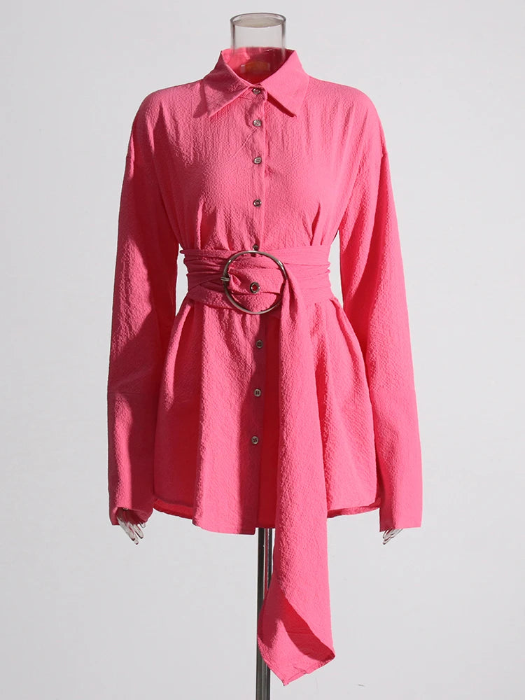 Belted Blouse with Buttons and Round Buckle 