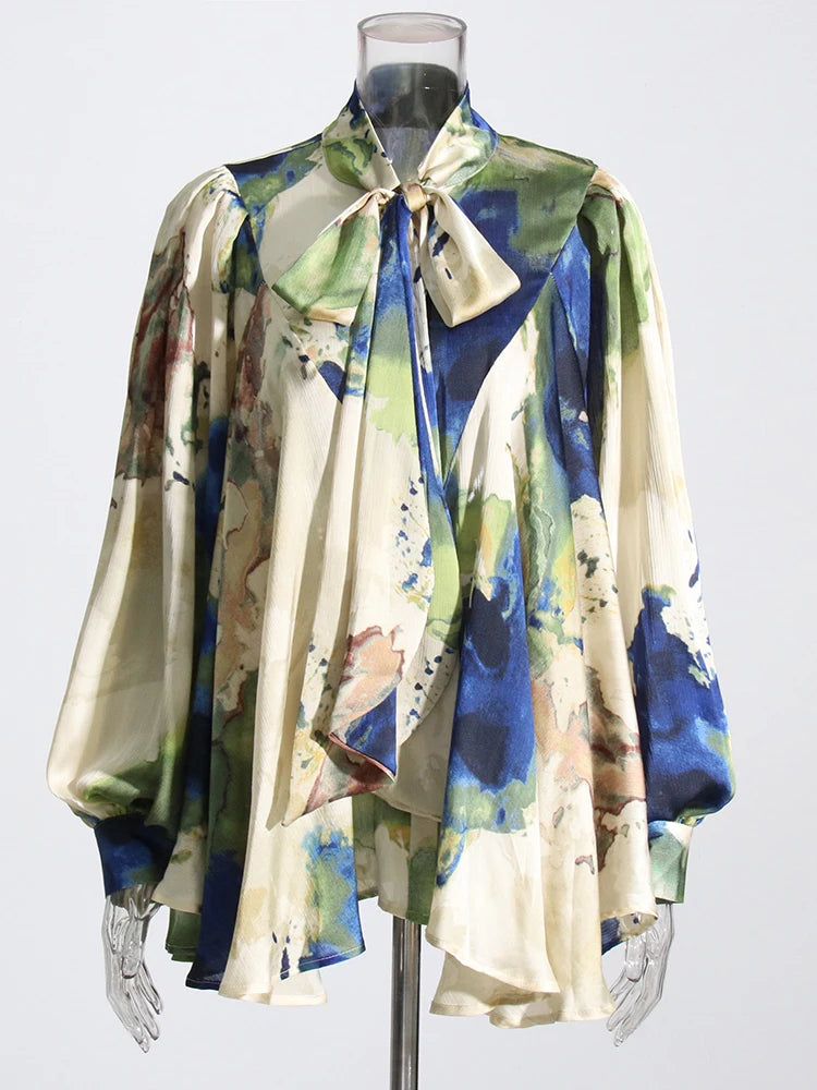 Watercolor print blouse with pussy bow