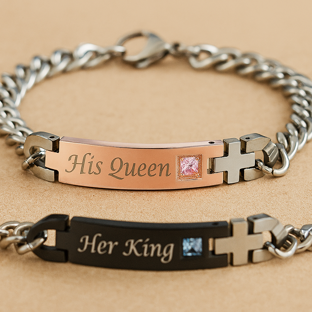 Duo Bracelets assortis pour couple – Gravés “His Queen & Her King” en acier inoxydable