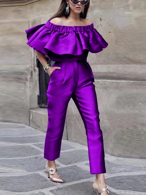 Ensemble deux pièces violet pour femme, haut court à épaules dénudées, pantalon taille haute