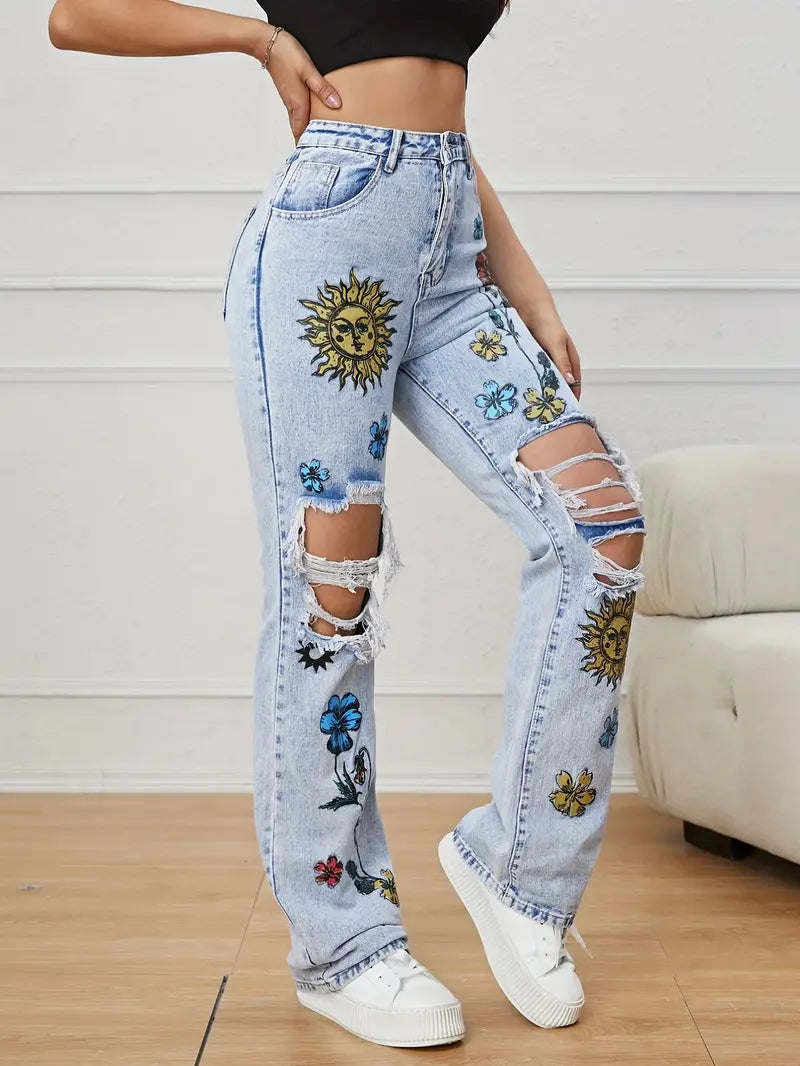 Jean Délavé à Broderies Soleil et Fleurs - Style Boho et Décontracté