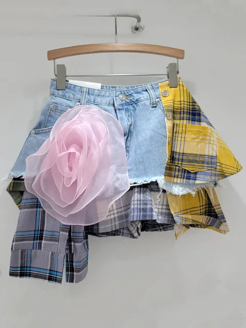 Unique Patchwork Denim and Check Skirt with Pink Floral Accent