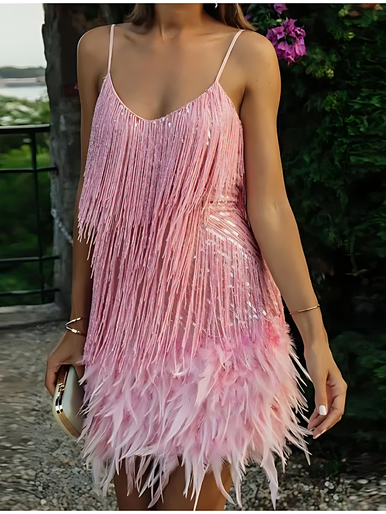 Mini Dress with Sequins and Feathers