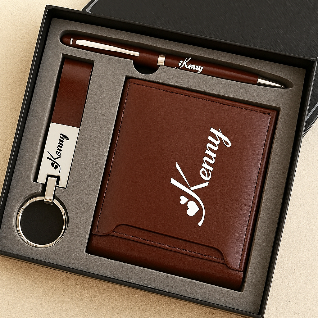 Coffret Cadeau Personnalisé Homme – Portefeuille, Stylo et Porte-clé Gravés