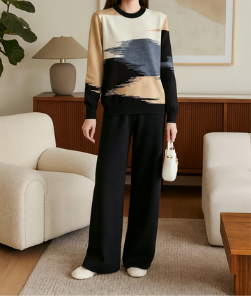 Ensemble motif abstrait pull artistique pantalon coordonné bicolore - créativité moderne sophistiquée - MAX FOR ME