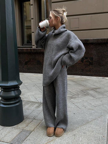 Ok _ Damen-Strickensemble Herbst-Winter – Reißverschluss-Pullover mit umgeschlagenem Kragen und weiter Hose – MAX FOR ME