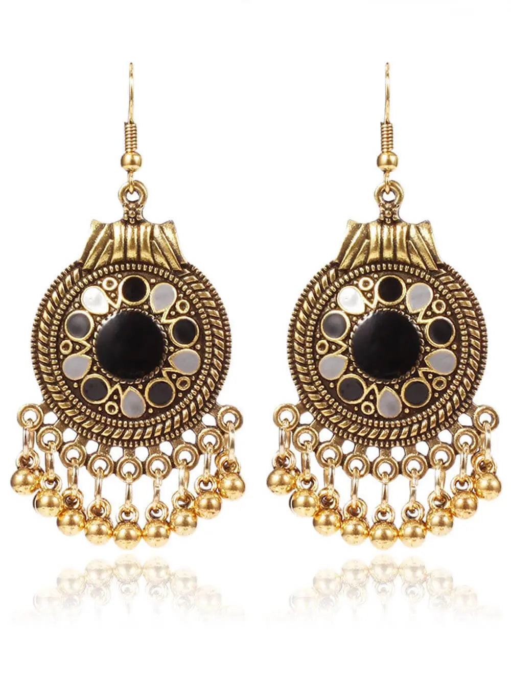 Boucles d’Oreilles Bohèmes à Disques et Pompons – Style Rétro Ethnique Chic Noir MAX for ME