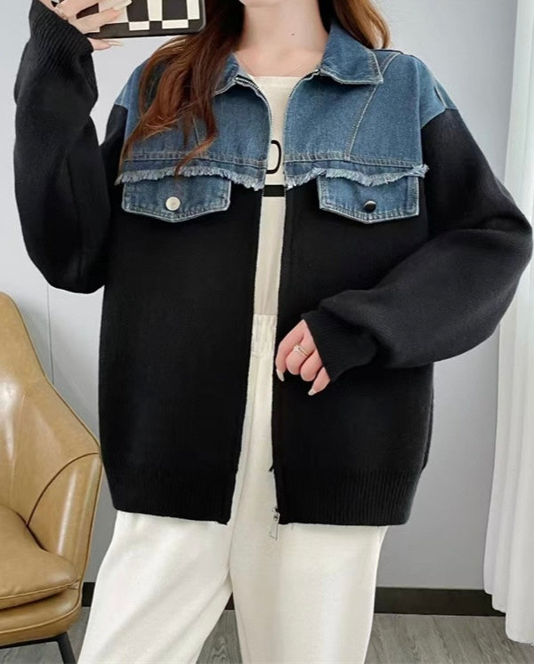 Noir Cardigan-femme-denim-maille-mix-matières-assemblage-MAX-FOR-ME-detail
