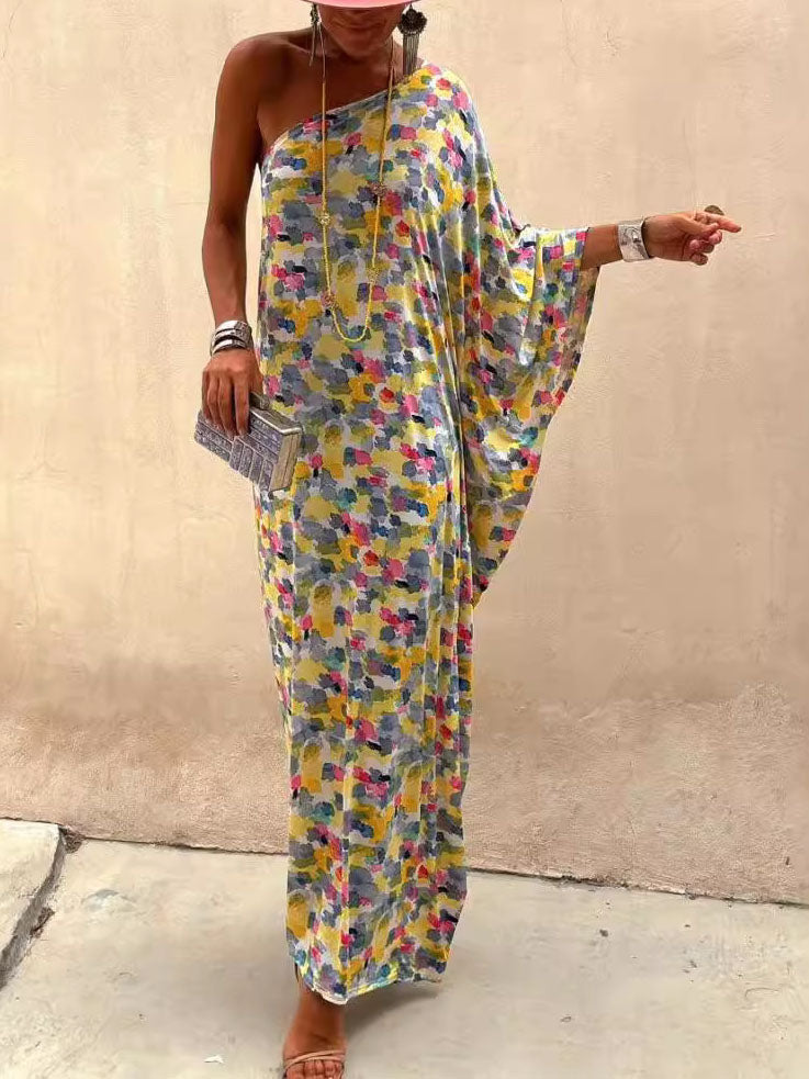 Robe longue casual tie-dye épaules dénudées - style décontracté pour vos vacances