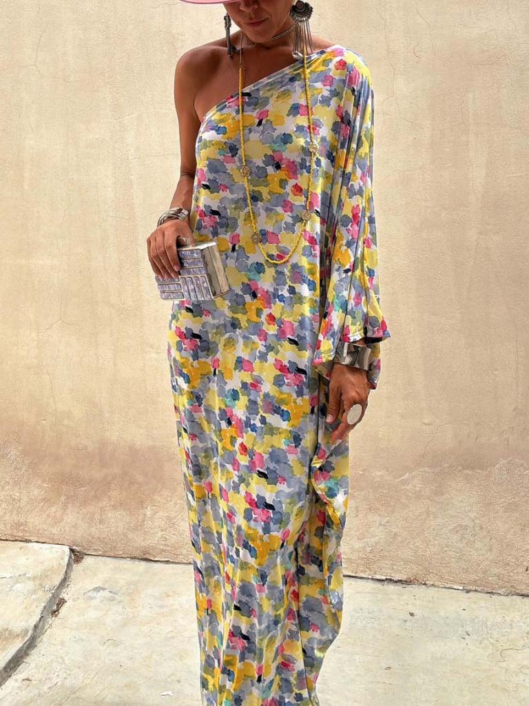 Robe longue casual tie-dye épaules dénudées - style décontracté pour vos vacances