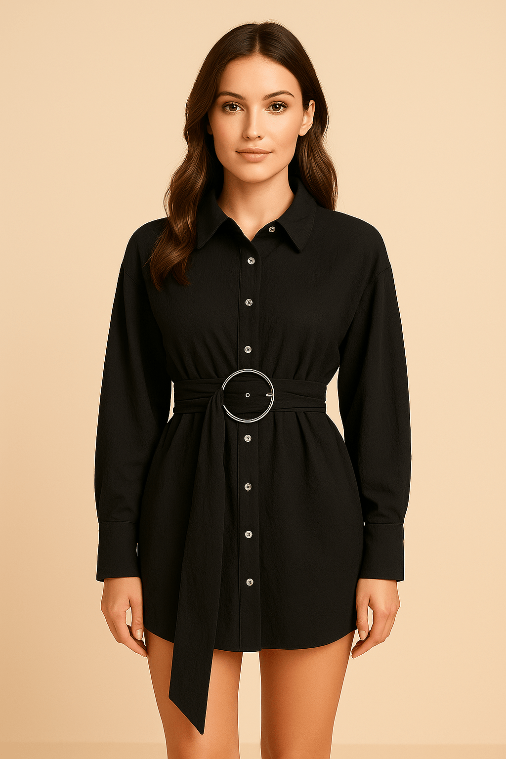Chemisier Blanc Ceinturé avec Boutons et Boucle Ronde – Minimalisme Structuré Noir / S MAX for ME