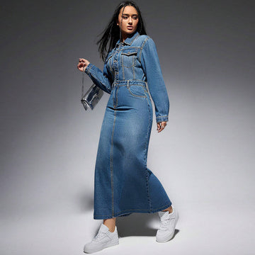 Robe jean longue femme manches longues décontractée - polyvalent jour soir - MAX FOR ME