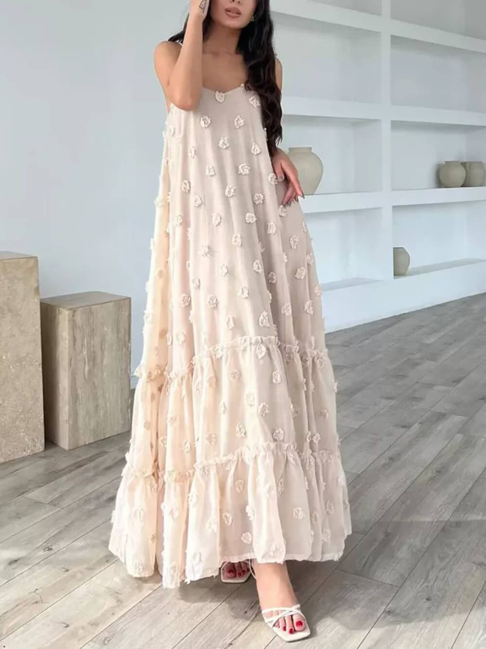 Robe longue à volants fleurie ligne A - romantisme décontracté en couches