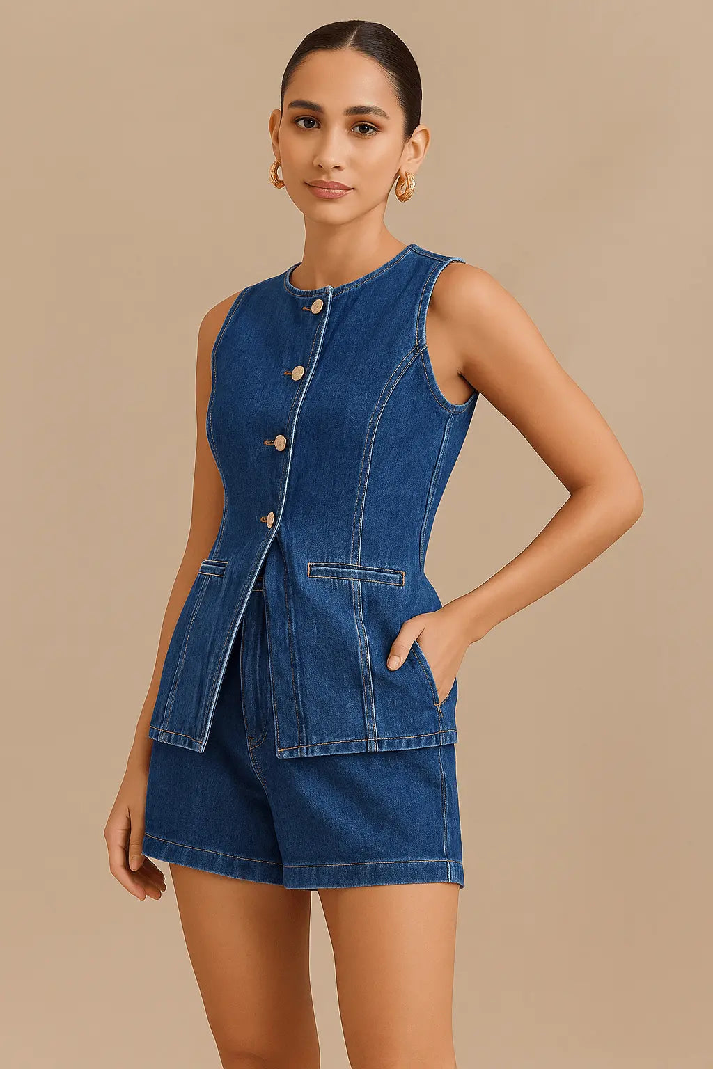 Ensemble 2 pièces en denim – Top à boutonnage simple & short taille haute 