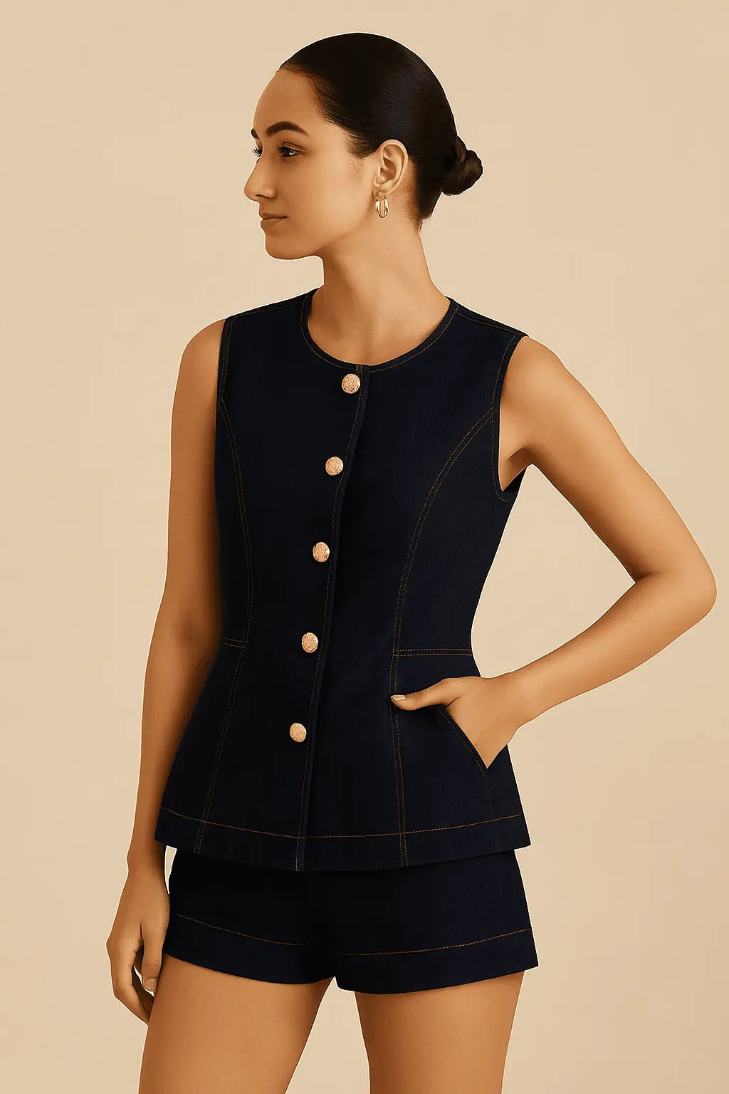 Ensemble 2 pièces en denim – Top à boutonnage simple & short taille haute 