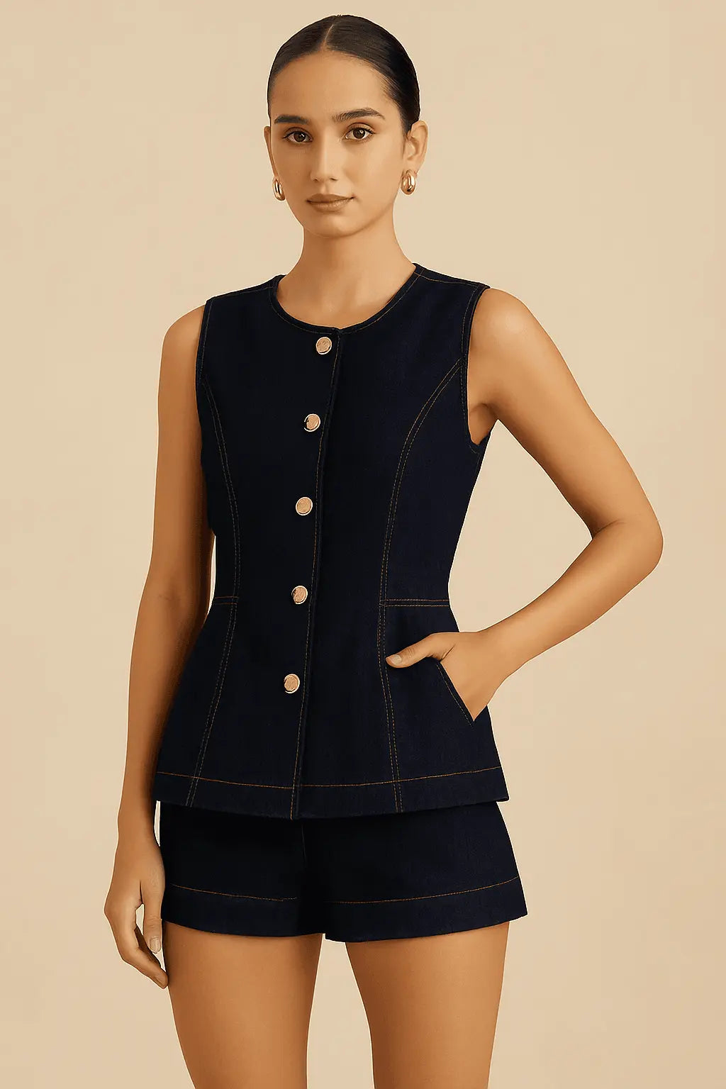 Ensemble 2 pièces en denim – Top à boutonnage simple & short taille haute 