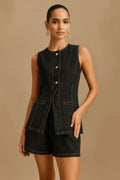 Ensemble 2 pièces en denim – Top à boutonnage simple & short taille haute 