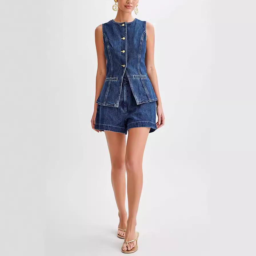 Ensemble 2 pièces en denim – Top à boutonnage simple & short taille haute 