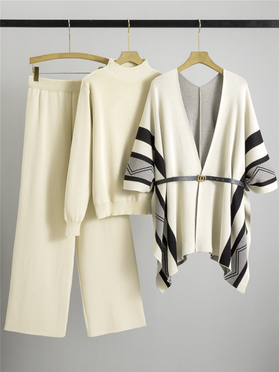 Ensemble femme 3 pièces - poncho maille, pull col roulé et pantalon large style sophistiqué