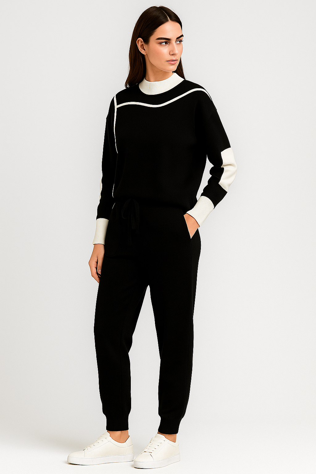 Ensemble K-fashion sweat col contrasté pantalon coordonné bicolore - style coréen moderne - MAX FOR ME