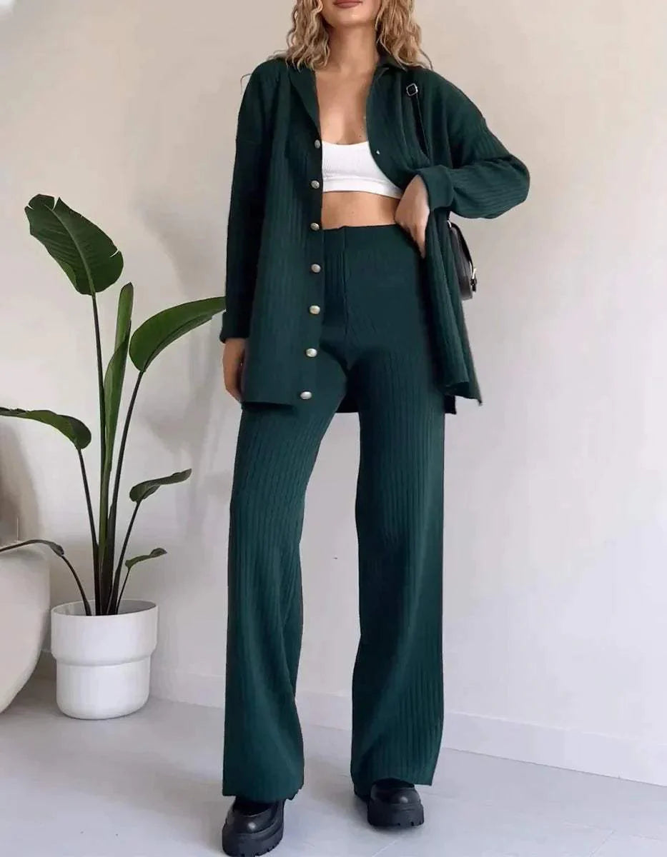 Ensemble deux pièces tricot côtelé - cardigan boutonné et pantalon large - MAX FOR ME
